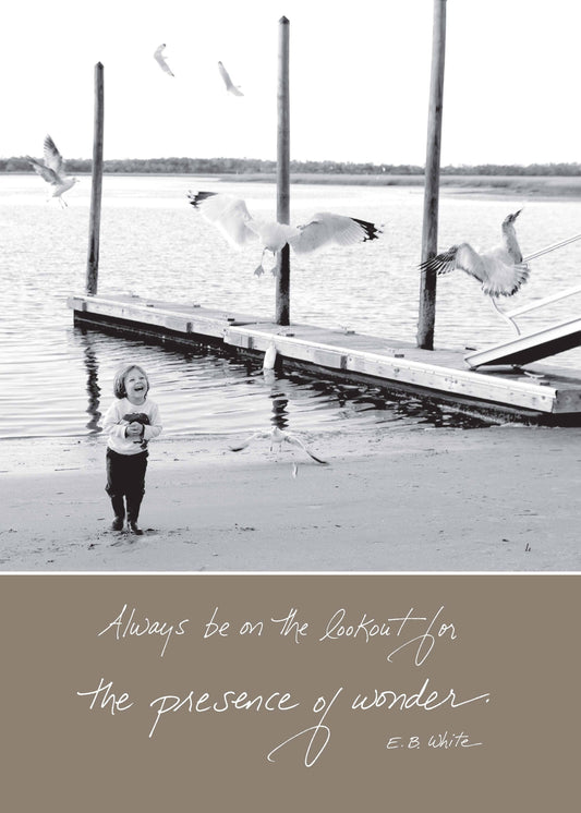 Card with E.B. White quote 'Always Be on the Lookout for the Presence of Wonder' from stationery store, featuring child by dock.