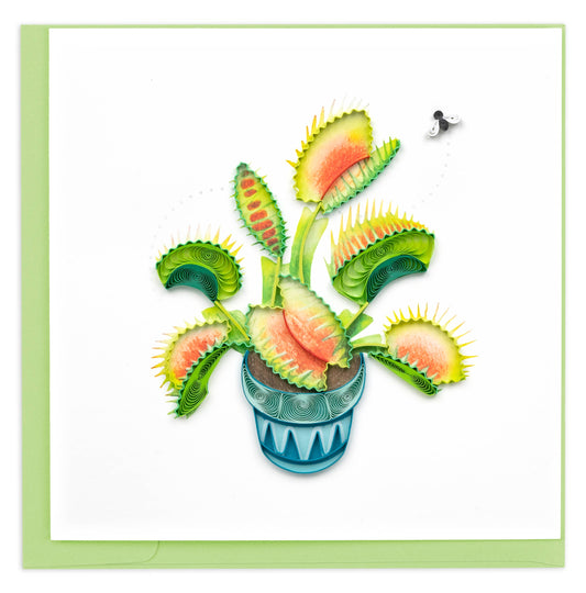 Quilled Venus Flytrap greeting card with matching envelope from stationery store, featuring intricate paper art design.