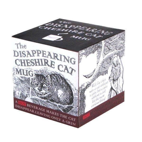 Cheshire Cat Heat-Changing Coffee Mug in colorful box at stationery store. Disappearing cat design, perfect for coffee or tea enthusiasts.