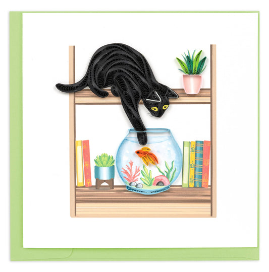 Quilled Mischievous Cat Greeting Card with black cat and fish bowl, perfect gift from stationery store.