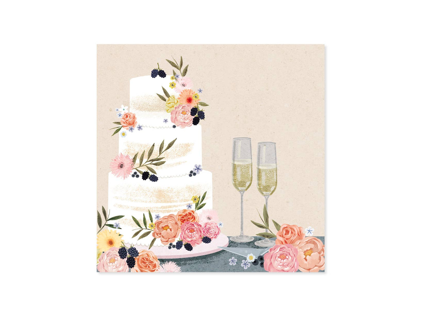 Fondant Wedding Cake Pop-up Greeting Card with floral design and champagne glasses, available at stationery store for special occasions.