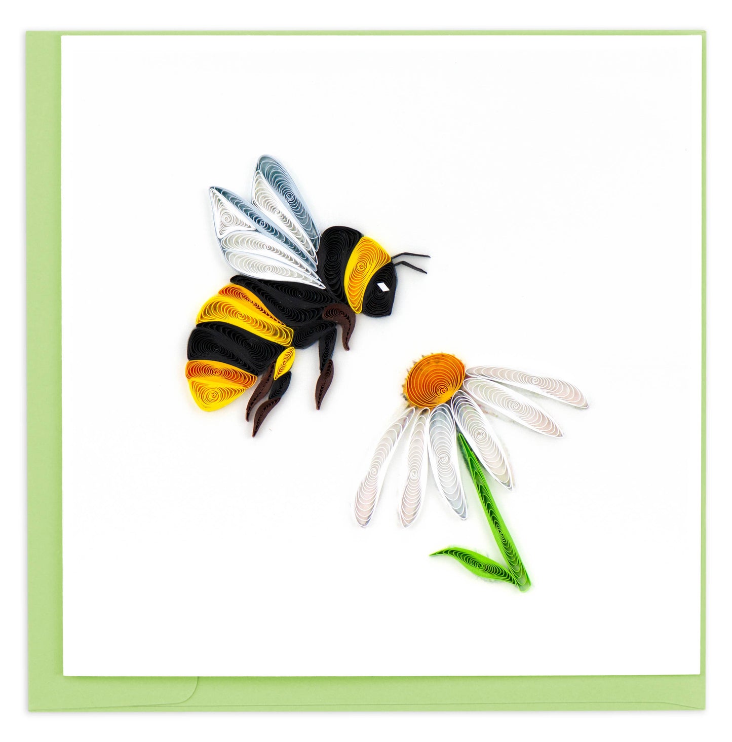 Handcrafted Bumble Bee card with black and yellow bee, flying towards white daisy, ideal for spring greetings from a stationery store.