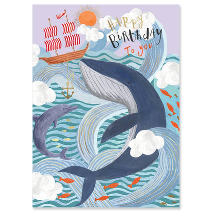 "WHALES Birthday Card by Louise Tiler featuring whales, ship, and waves design, available at stationery store."