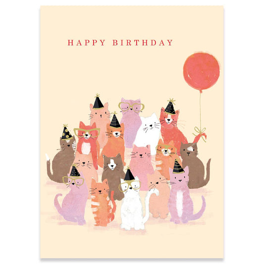 CAT PARTY Birthday Card by Hammond Gower for Carte. Features cats in party hats with balloon. Available at stationery store.