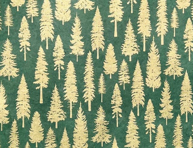 Alt Tag: 20x30 Forest trees gld/grn paper, Himalayan handmade, eco-friendly stationery from Kathmandu available at stationery store.