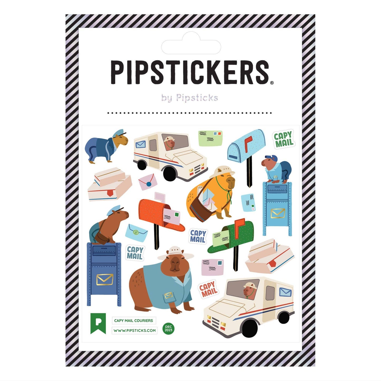 Capy Mail Couriers PipStickers featuring capybara mail carriers and mailboxes, stationery store exclusive, with gold foil accents.