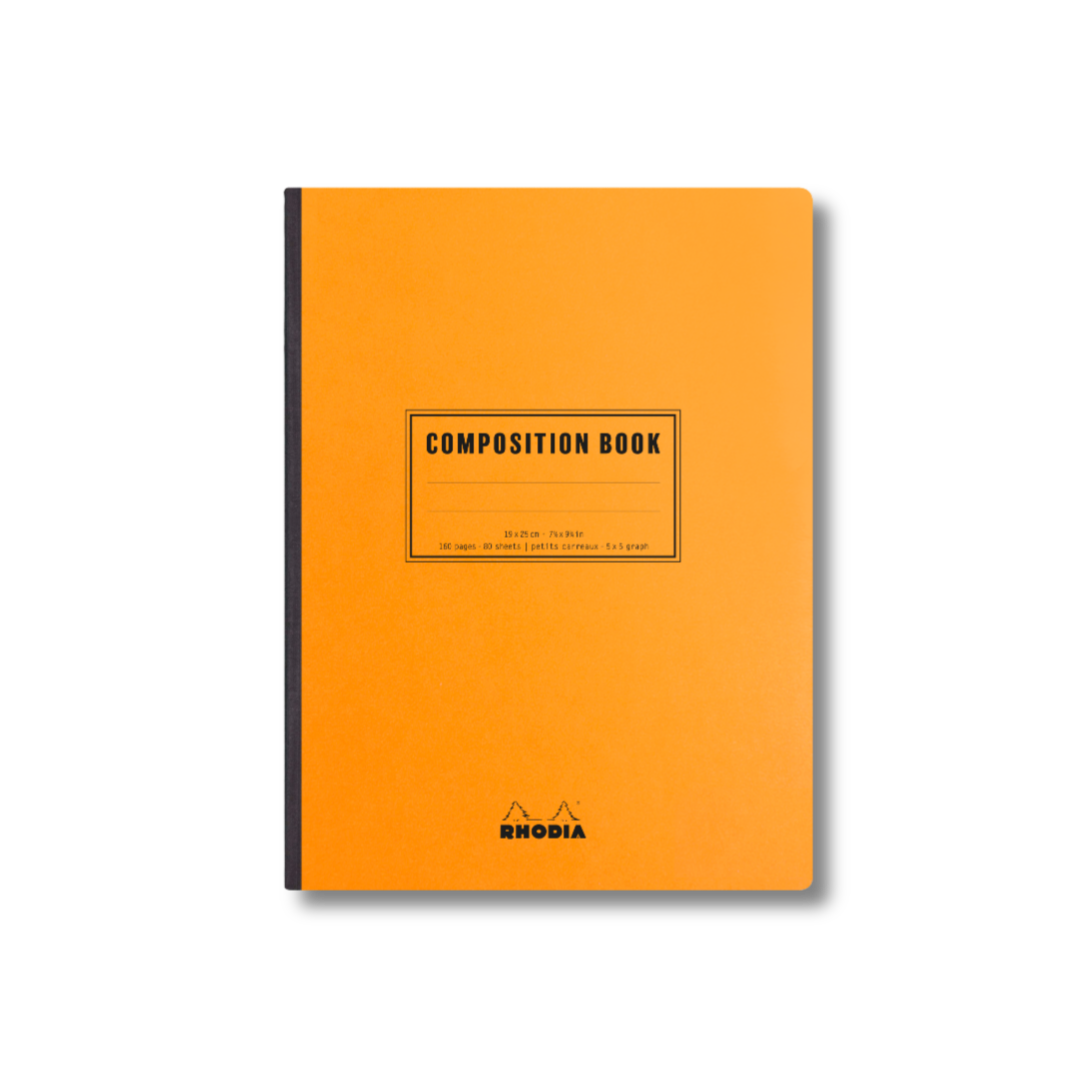 Rhodia Composition Book with iconic orange cover, smooth French milled paper, ideal for stationery store enthusiasts.