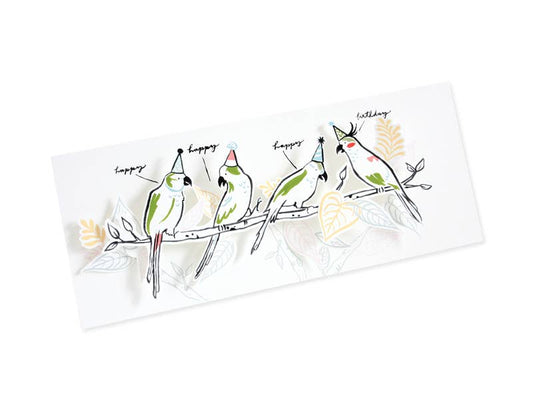 Tropical Parakeets Pop-Up Card with festive birds on a branch from the Pure Alchemy Collection, ideal for a birthday. Stationery store offer.