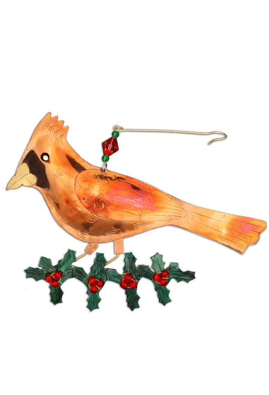 Holly Cardinal Ornament, handmade fair trade Christmas décor ideal for stationery store gifts and holiday stocking stuffers.