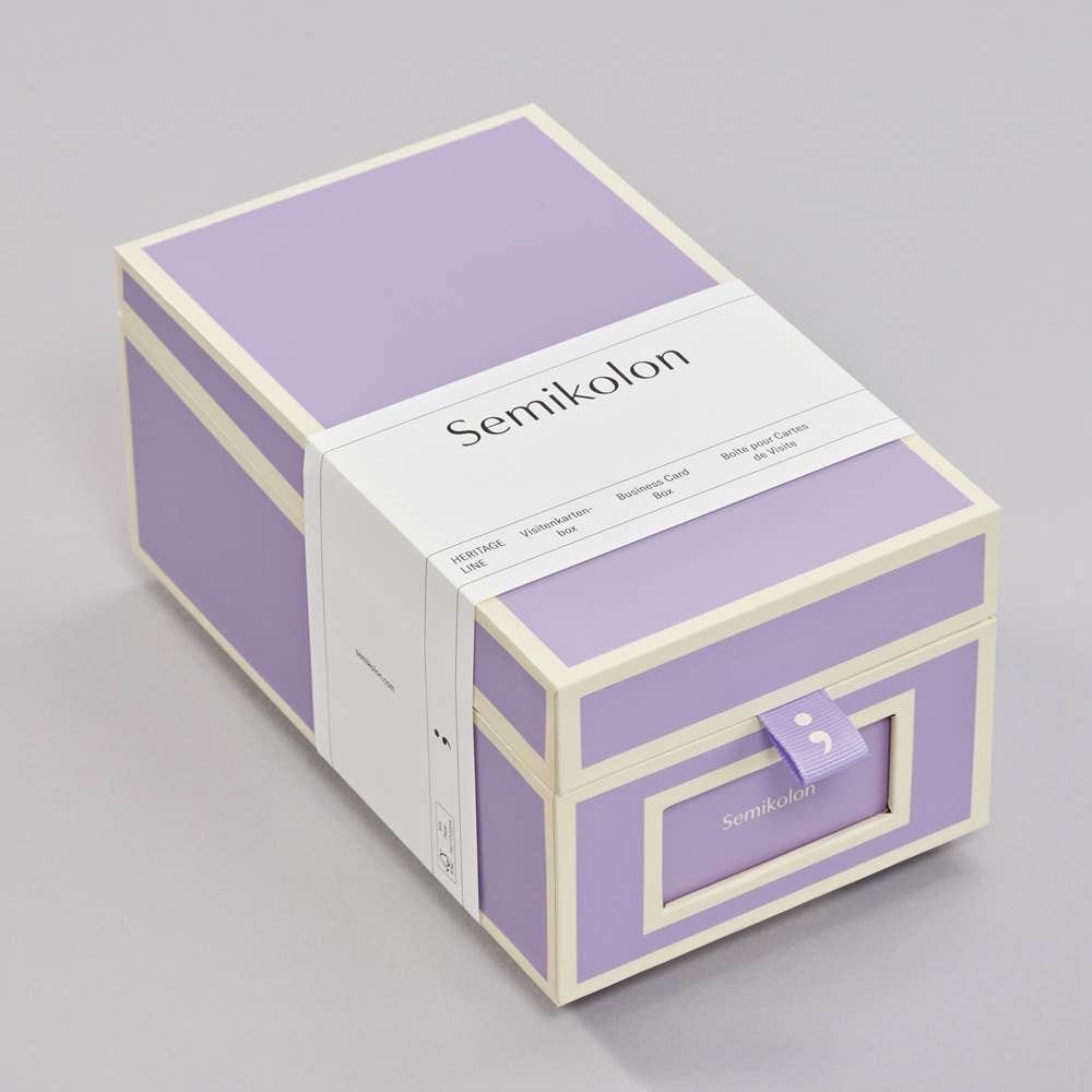 Semikolon Heritage Line Business Card Box in lavender from stationery store, ideal for organizing up to 480 cards with index cards and tabs.