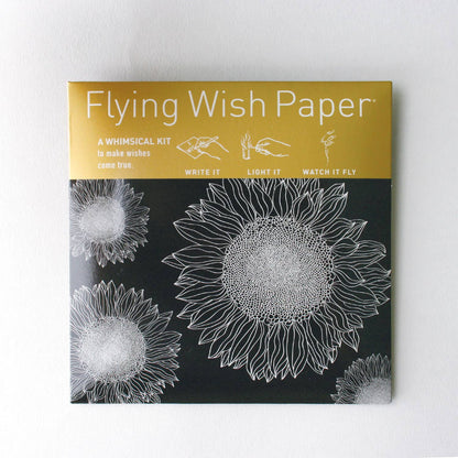 Flying Wish Paper Sunflowers Mini Kit with 15 wish papers and accessories, featuring elegant black and gold sunflower design for stationery stores.