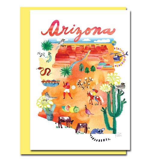 Arizona watercolor map card by Sara Franklin, stationery store. Features colorful desert scenes with butter yellow envelope. Made in USA.