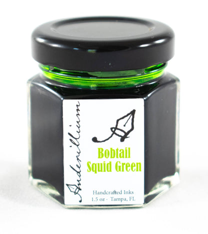 Anderillium™ Ink Bottle - Bobtail Squid Green, 1.5 oz, handcrafted fountain pen ink in glass jar for stationery store.