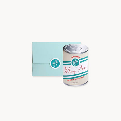 Whoop-ass vintage-inspired pop-up card with turquoise envelope, stationery store greeting card featuring a can design with silver foil accents.