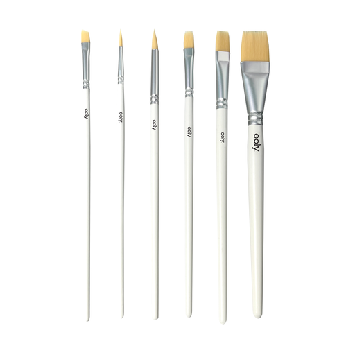 Chroma Blends Watercolor Paint Brushes Set of 6 from stationery store, featuring flat, filbert, round, and angle brush types for versatile painting.