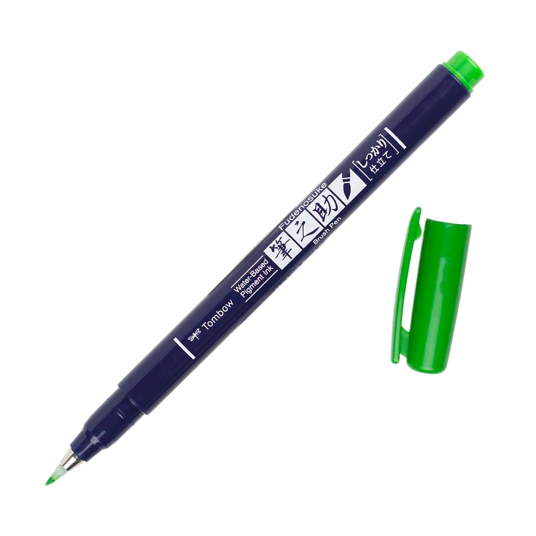 Fudenosuke Calligraphy Brush Pen with green flexible hard tip, perfect for hand lettering and illustration. Available at stationery stores.