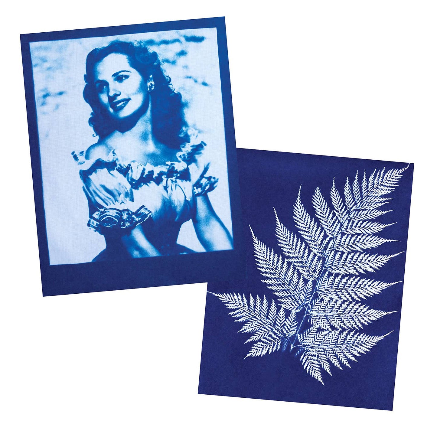 Cyanotype Fabric Sheets displaying vintage photo and fern print, part of 10-Pack for sun printing at stationery store.