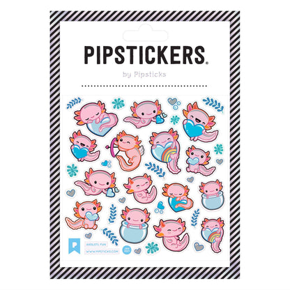 Axolotl Fun PipStickers with iridescent foil, perfect for sticker enthusiasts; available at Pipsticks stationery store.