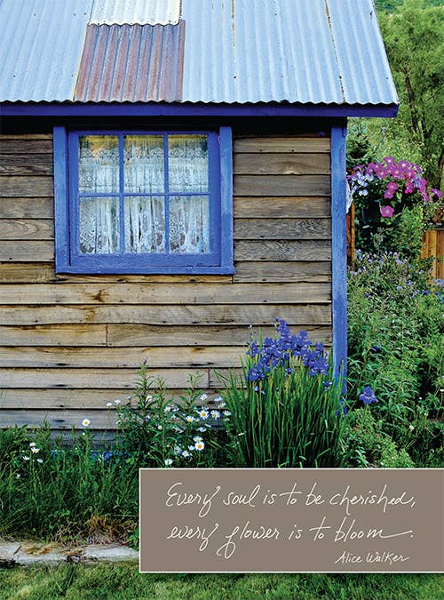 Charming cottage garden scene with the quote 'Every Soul Is to Be Cherished, Every Flower Is to Bloom' by Alice Walker, from stationery store.