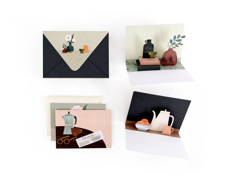 Artistic Still Life Pop-Up Notecard Set with gold foil and speckled envelopes from stationery store