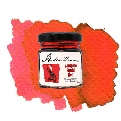 Anderillium™ Ink Vampire Squid Red 1.5 oz bottle with ink swatch, perfect for stationery stores.