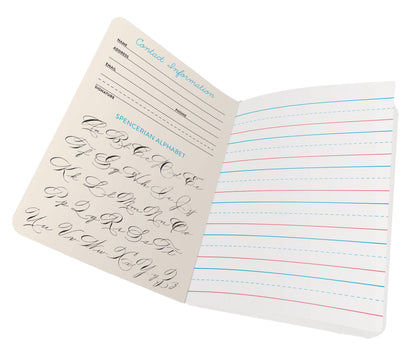 Penmanship Notebook open showing cursive practice pages, perfect for improving handwriting skills, available in stationery stores.