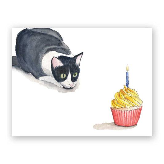 Cupcake Cat Birthday Greeting Card with cat and cupcake, perfect for birthdays. Available at stationery store. Ships with envelope.