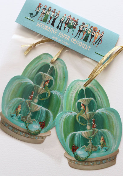 Mermaid Fountain Paper Ornament Gift Tag with gold ribbon, double-sided glitter, 3x4.5 inches, available at stationery stores.