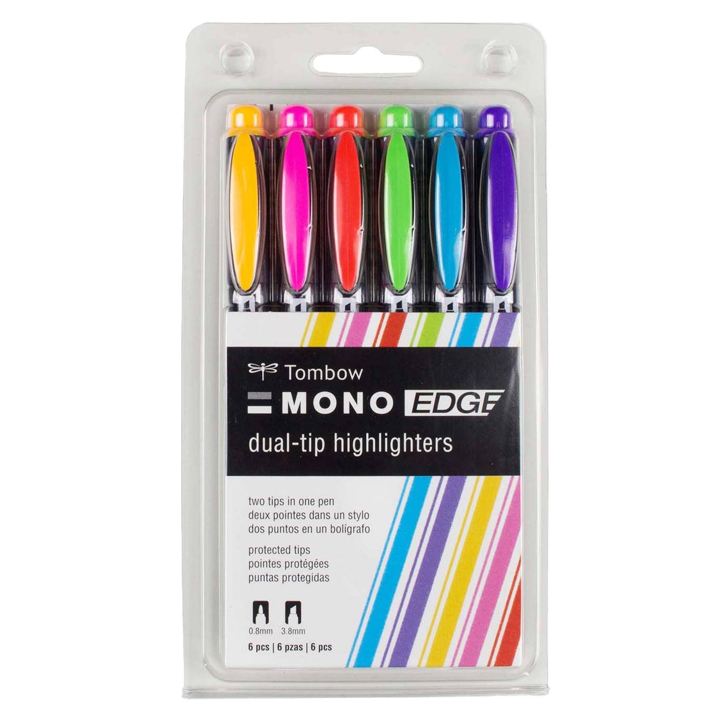 MONO Edge Highlighters 6-Pack with dual tips, vibrant colors, and protective sleeve, ideal for stationery store supplies.