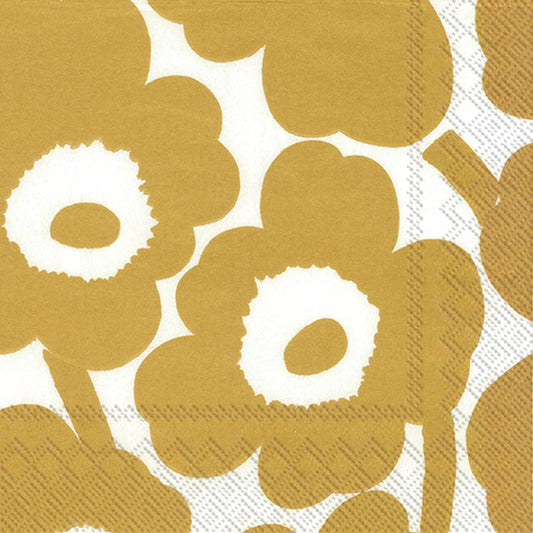 Gold floral Marimekko Unikko paper lunch napkin, 20 count, 3-ply, ideal for Christmas, available at stationery stores.