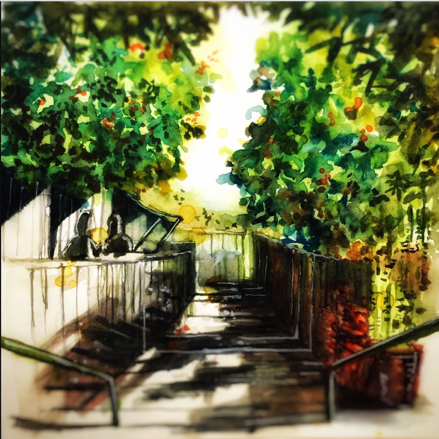 Watercolor painting of a scenic outdoor stairway surrounded by lush greenery and dappled sunlight.