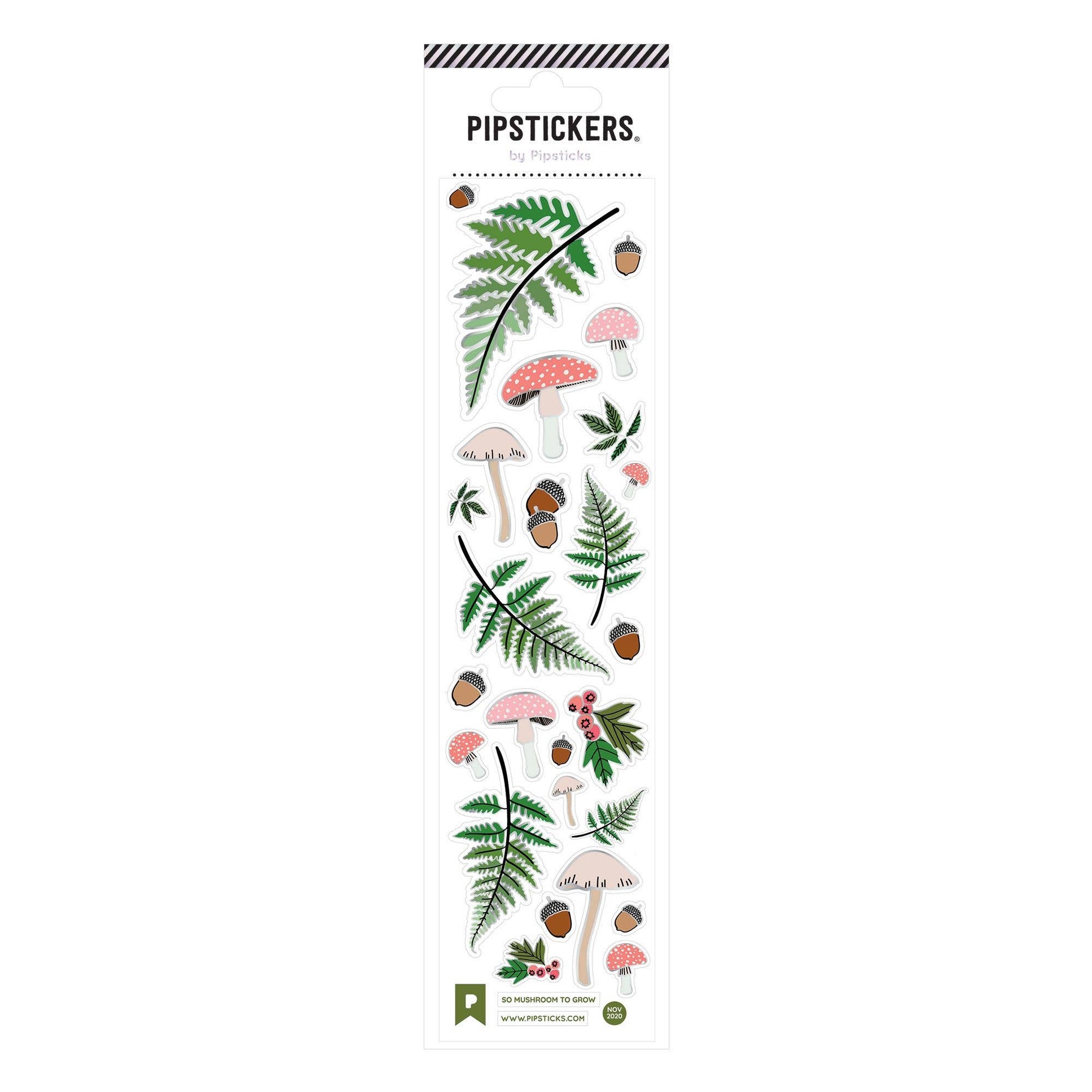 "So Mushroom To Grow PipStickers with glitter foil accents and ferns, perfect for stationery store enthusiasts on 2x8 sheet."