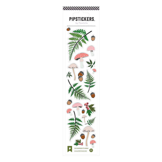 "So Mushroom To Grow PipStickers with glitter foil accents and ferns, perfect for stationery store enthusiasts on 2x8 sheet."