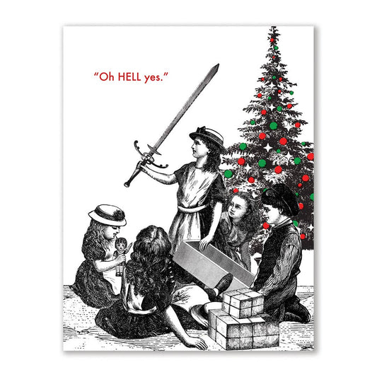 Vintage-style Christmas sword greeting card with children and tree, available at stationery store. Made in Los Angeles. 5.5x4.25 inches.