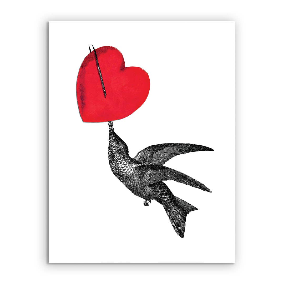 Hummingbird Heart Greeting Card with red heart design, blank interior, perfect for stationery store gift selections.