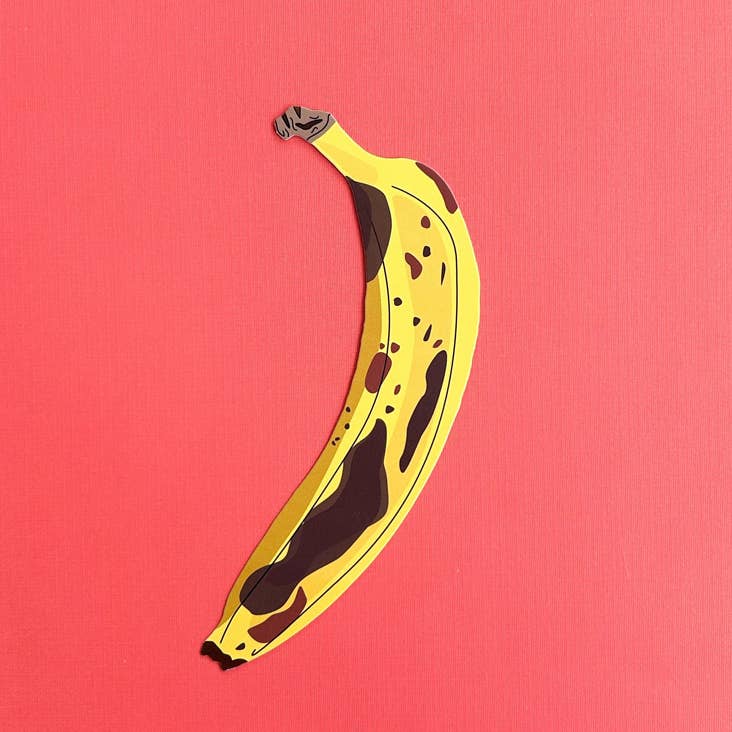 Die-cut overripe banana bookmark on red background, ideal for stationery stores.