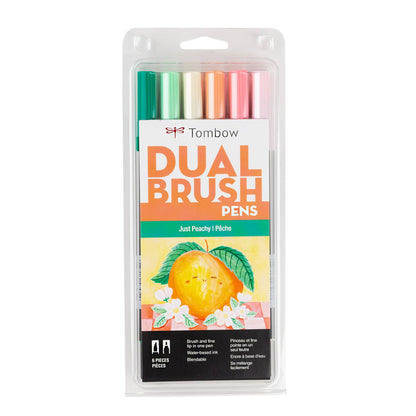 Dual Brush Pen Art Markers Just Peachy 6-Pack for artists, available at stationery store, featuring brush and fine tips for versatile use.