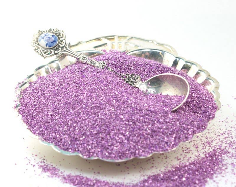 Lilac Sparkly German Glass Glitter, 90 grit, 25g, from Meyer Imports. Ideal for stationery store crafts and art projects.