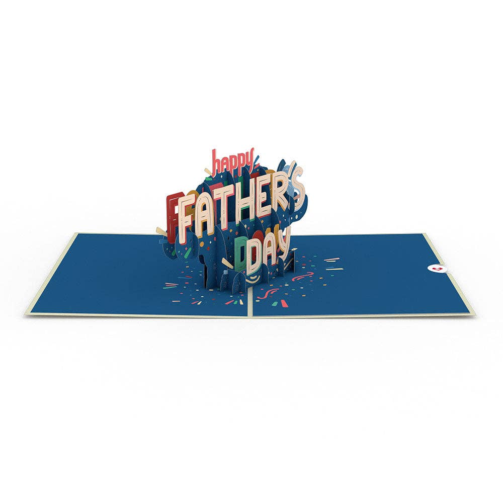 Pop-up Father's Day card with "Happy Father's Day" message and fireworks on a blue background, stationery store item.