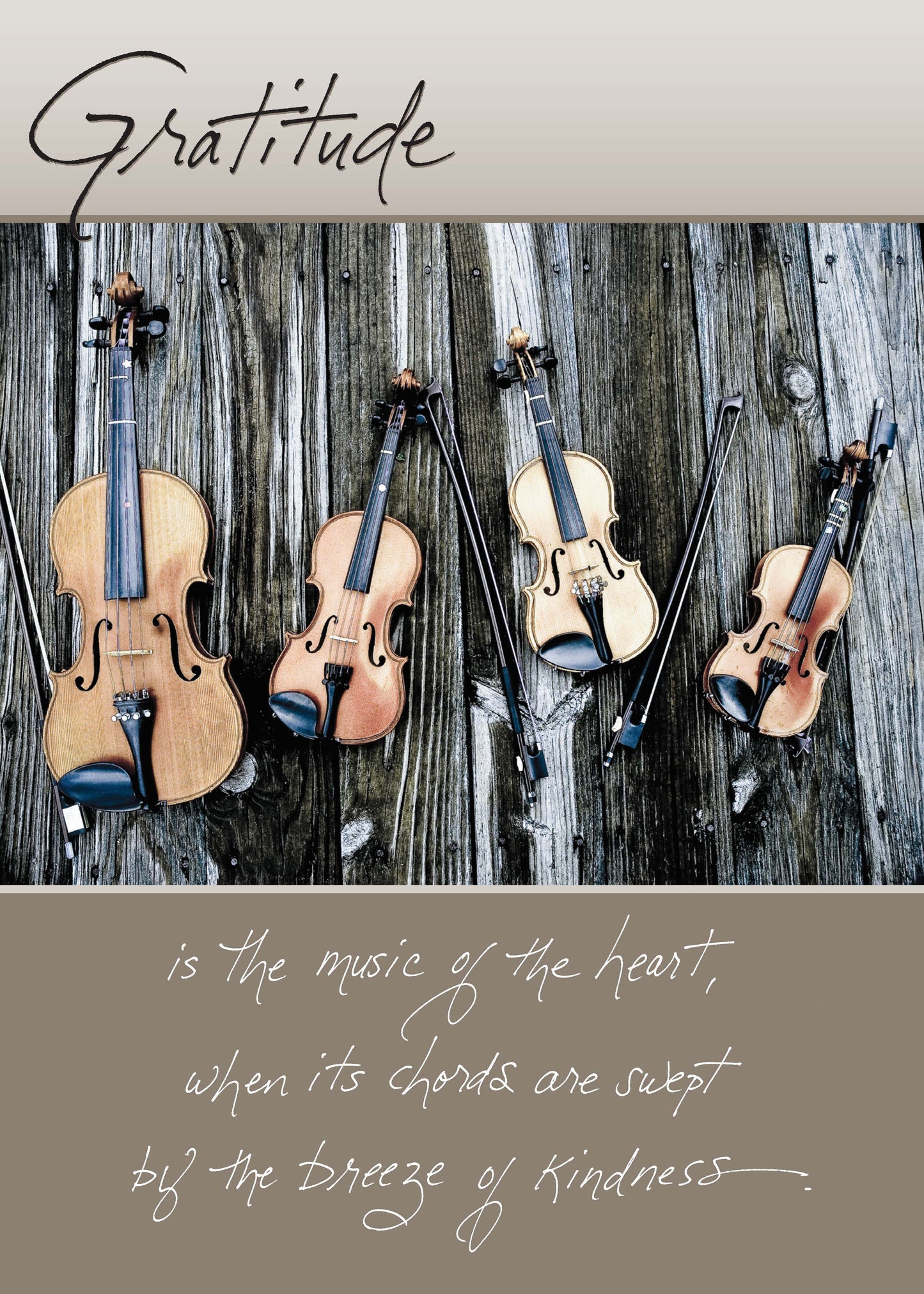 566t Gratitude card with violins and heartfelt message, Bonair Daydreams stationery store.