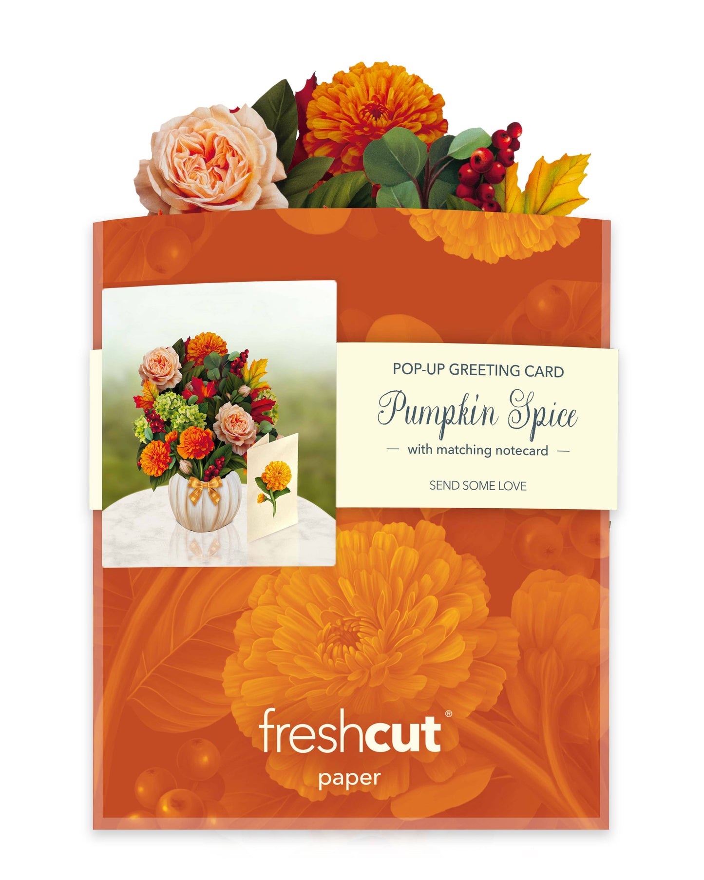 Mini Pumpkin Spice Pop-up Greeting Card with floral design and notecard from stationery store.