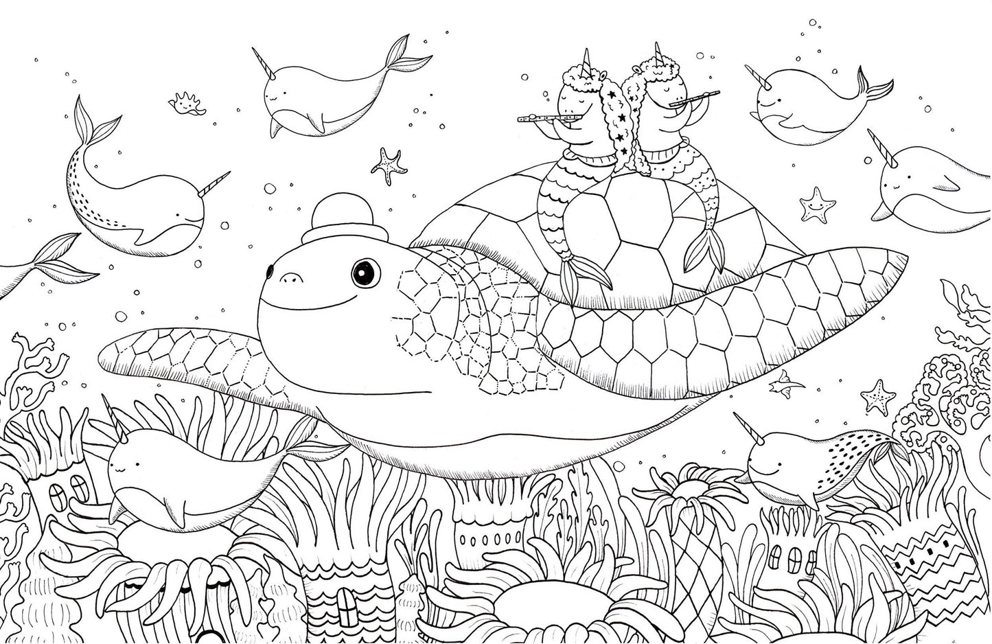 Unicorns riding a turtle underwater with narwhals, featured in 'A Million Unicorns Coloring Book' by Lulu Mayo. Available at stationery stores.