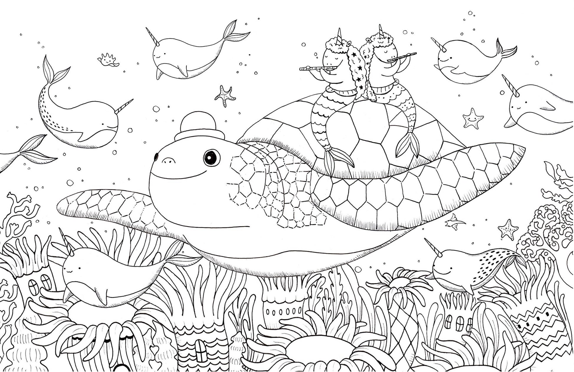 Unicorns riding a turtle underwater with narwhals, featured in 'A Million Unicorns Coloring Book' by Lulu Mayo. Available at stationery stores.