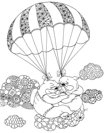 Two adorable dogs with parachute from A Million Dogs Coloring Book, perfect for dog lovers at your local stationery store. Whimsical design.