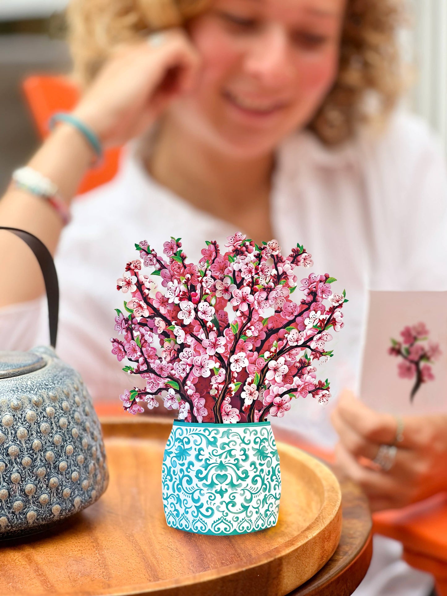 Mini Cherry Blossom pop-up card in a vase, perfect gift for flower lovers, available at stationery store.