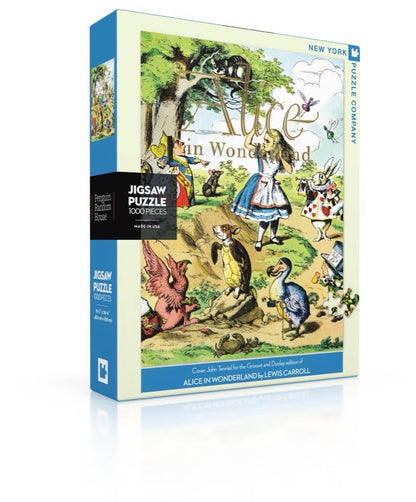 Alice in Wonderland 1000 Piece Jigsaw Puzzle box featuring Victorian fantasy scene, available at stationery store. Made in USA, glare-reducing finish.