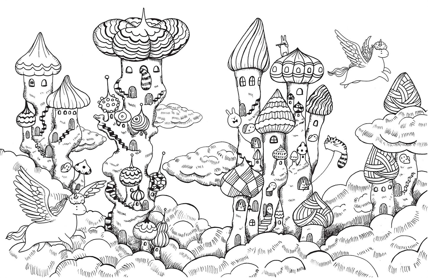 Enchanting unicorns and whimsical castles in clouds, illustration from 'A Million Unicorns Coloring Book' by Lulu Mayo. Stationery store.