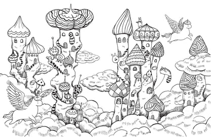 Enchanting unicorns and whimsical castles in clouds, illustration from 'A Million Unicorns Coloring Book' by Lulu Mayo. Stationery store.