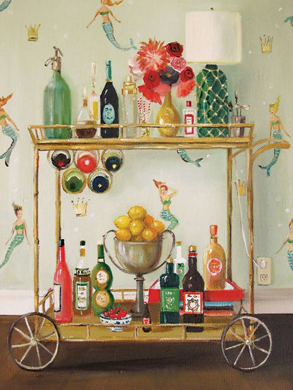 Stylish bar cart illustration from Barmaids 500 piece jigsaw puzzle, featuring bottles and decor, available at stationery store.