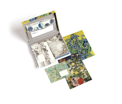 Vincent Van Gogh Letter Writing Set with envelopes and labels, luxury stationery store box design with floral art.